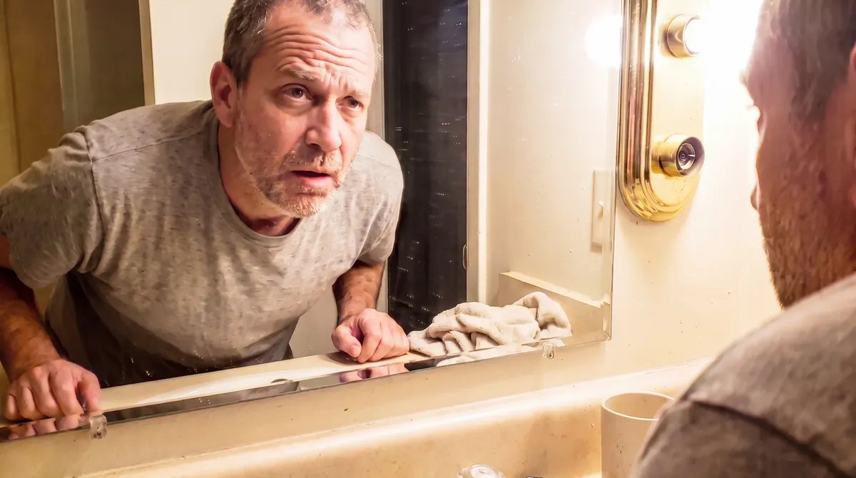 A man over 40 leaning into the bathroom mirror, studying his face