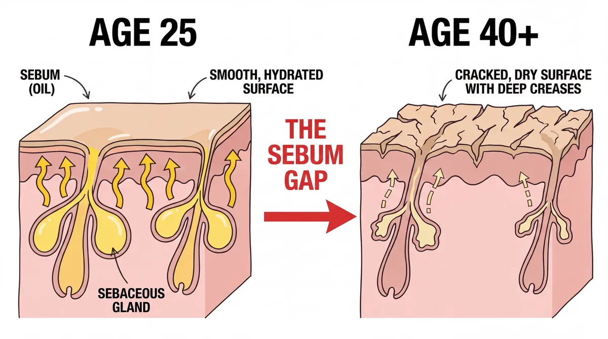 Diagram of the Sebum Gap: hydrated skin at 25 next to cracked, dry skin after 40