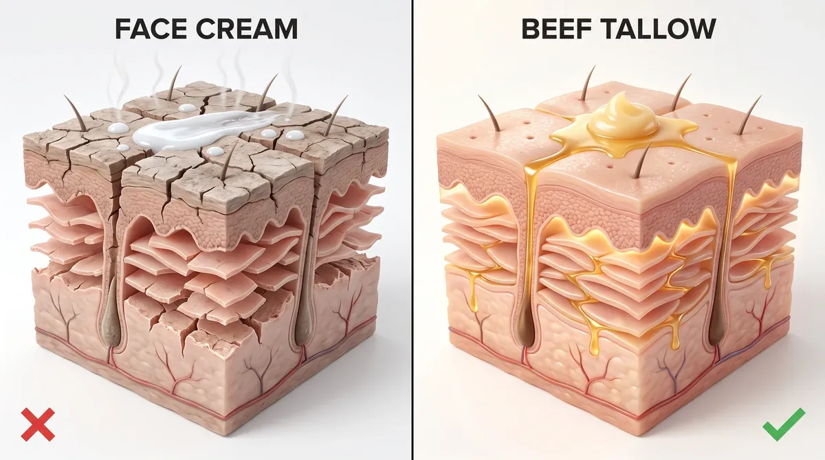Face cream sitting on top of dry skin next to beef tallow soaking in
