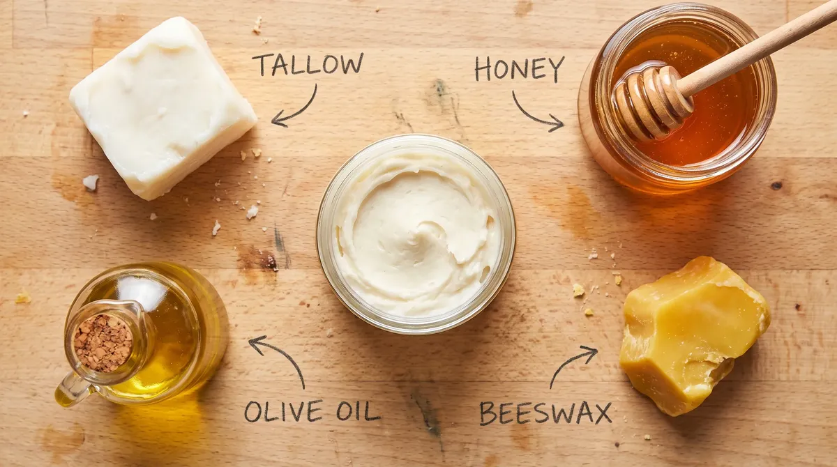 The ingredients: tallow, honey, olive oil and beeswax