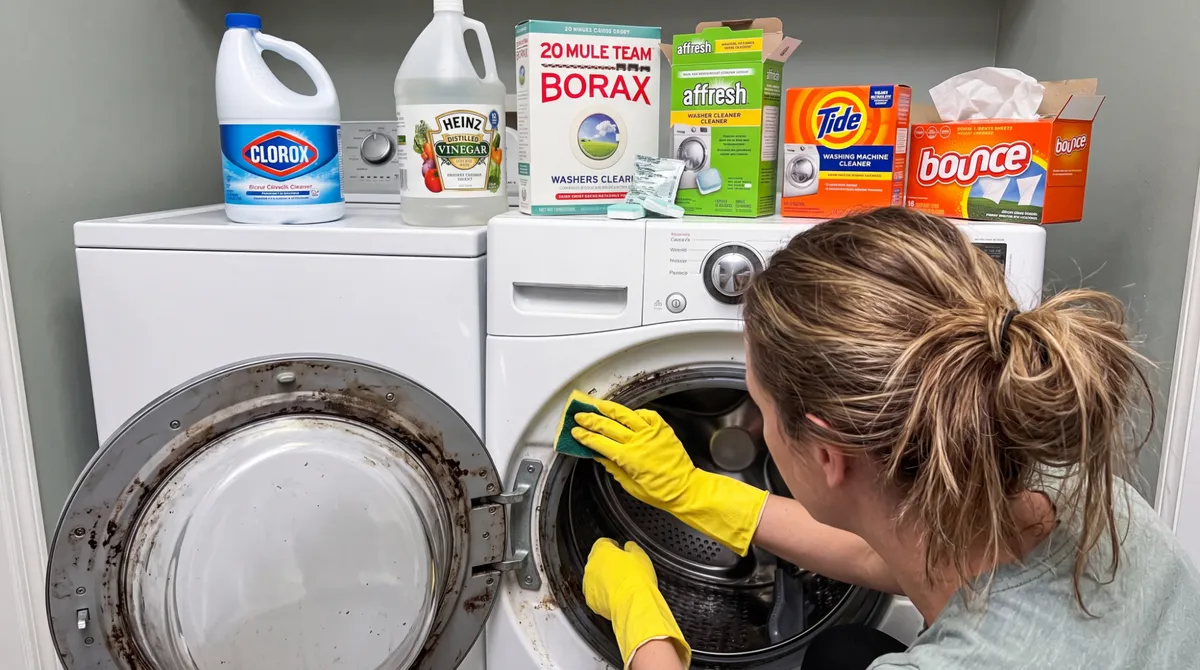 A woman scrubbing a washer seal surrounded by bleach, borax and detergent