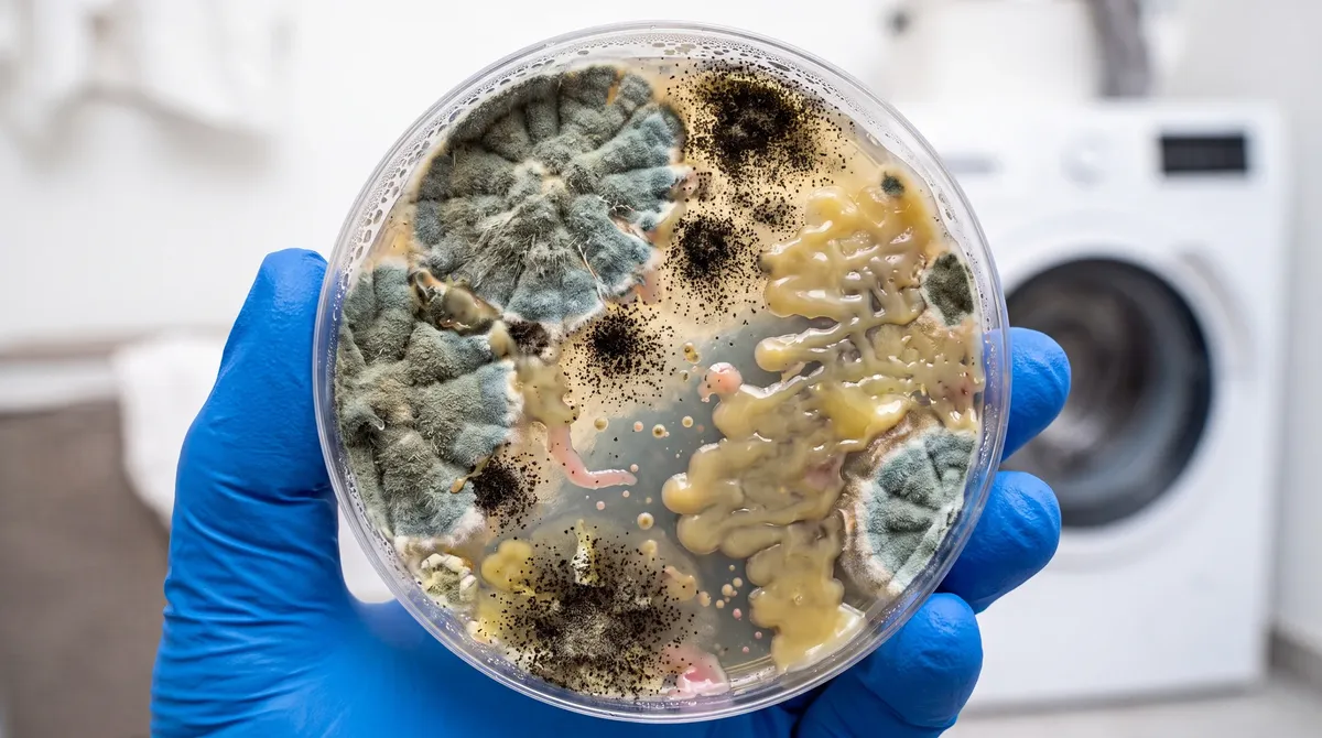 A gloved hand holding a petri dish of bacteria and mold grown from a washer