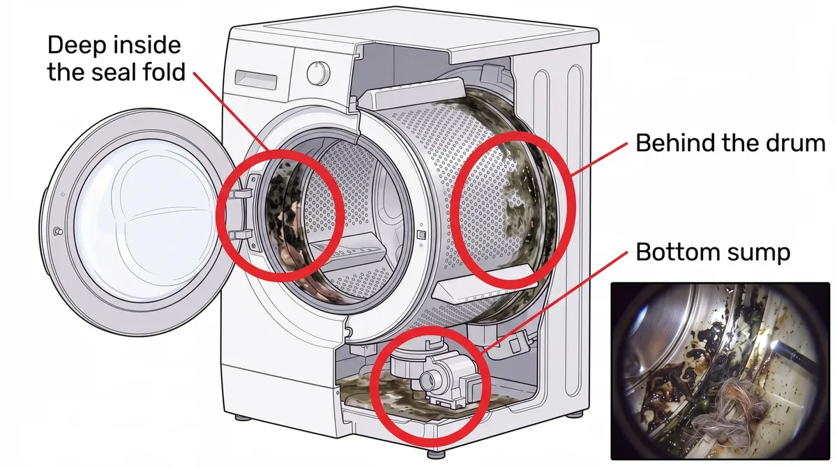 Diagram of where bacteria hide: the seal fold, behind the drum and the bottom sump