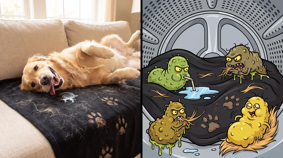 A dog lounging on a blanket next to cartoon bacteria feeding on fur and drool