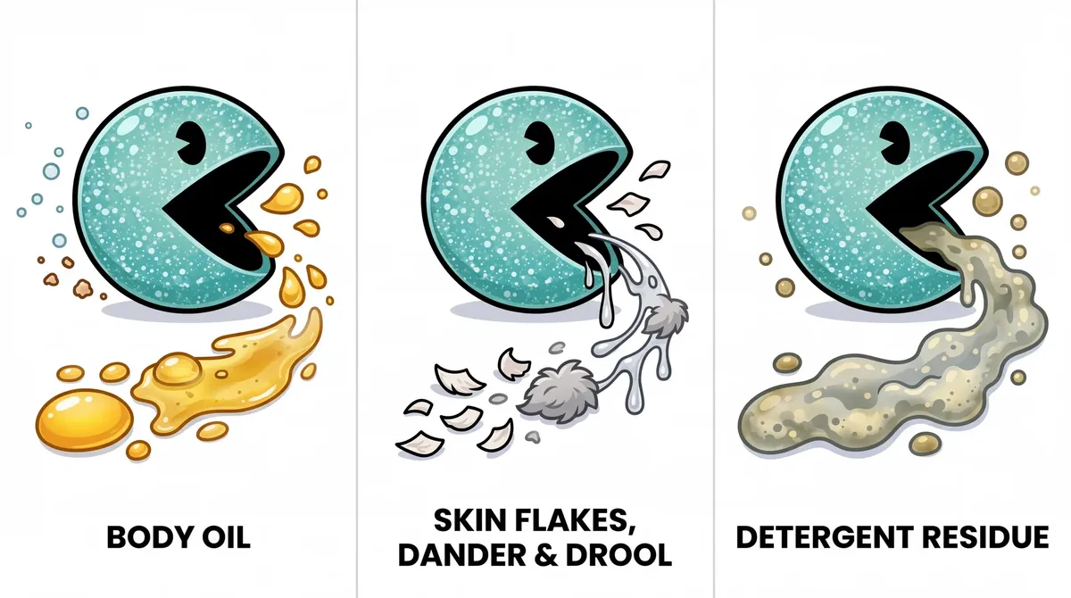 Cartoon enzymes eating body oil, skin flakes and detergent residue