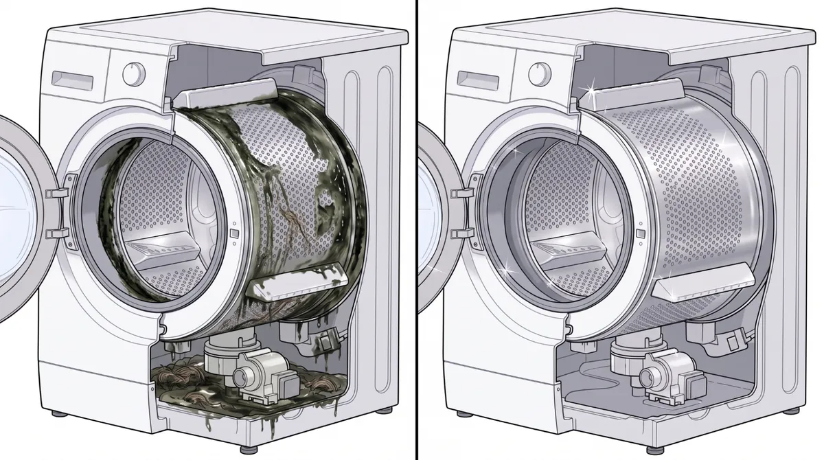 A dirty washer drum next to the same drum clean after Uproot