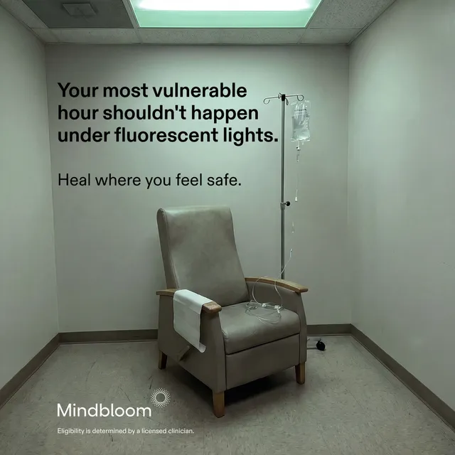 An empty clinic chair under fluorescent lights: your most vulnerable hour shouldn’t happen here. Heal where you feel safe.