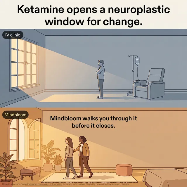 Split illustration: a cold IV clinic room above, a warm home with Mindbloom below