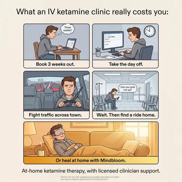 Comic panels comparing the hassle of an IV ketamine clinic with healing at home with Mindbloom