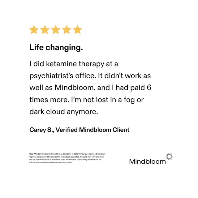 A five-star review from a verified Mindbloom client: life changing