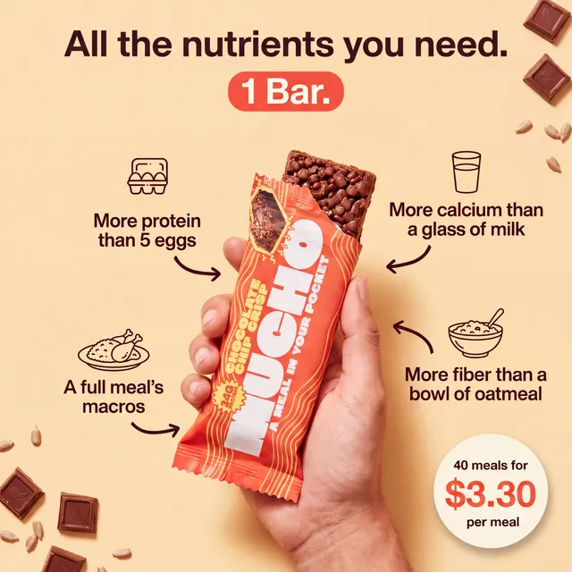 A hand holding a Mucho bar with callouts: all the nutrients you need in one bar