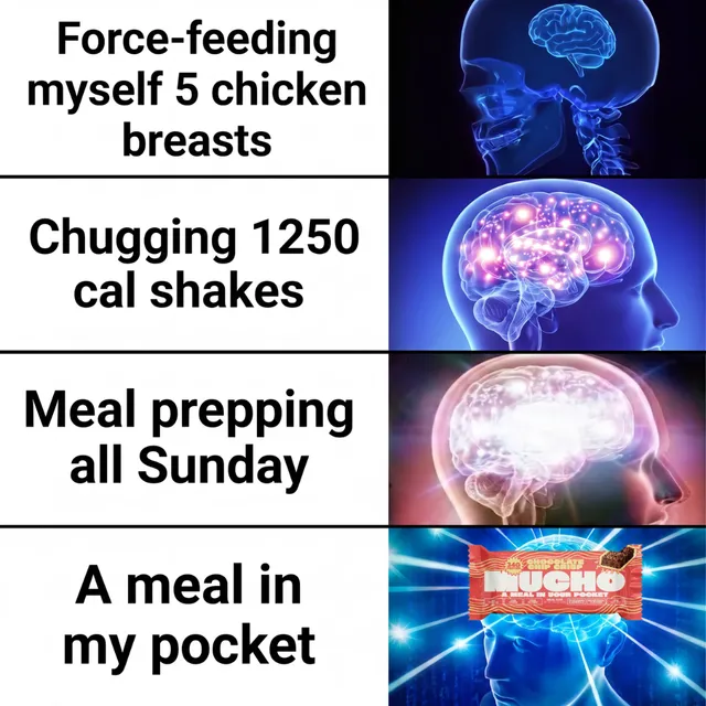 Galaxy-brain meme: from force-feeding chicken breasts to a Mucho bar as a meal in your pocket