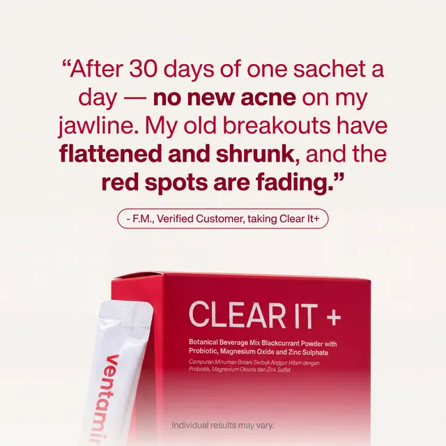 Customer quote over a Clear It+ box: after 30 days, no new acne on my jawline